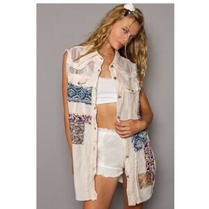 POL M Denim Patchwork Embroidered Boho Sleeveless Double Gauze Vest Dress New